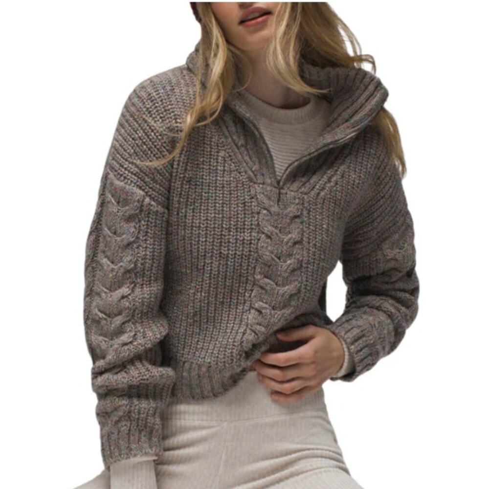 Prana M Laurel Creek Sweater 1/4 Zip Stand Up Collar Earthy Gray Brown